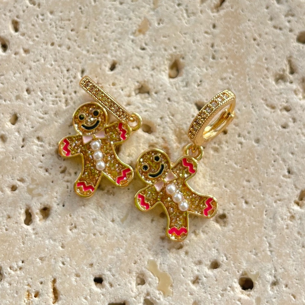 Festive Gold Gingerbread Earrings with Red Accents